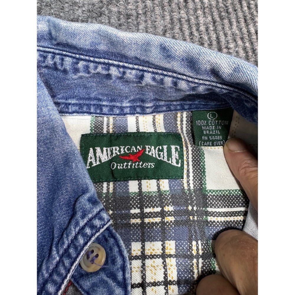 Vintage American Eagle Patchwork Plaid Flannel Shirt Mens Large Multi Color AEO - Picture 5 of 6